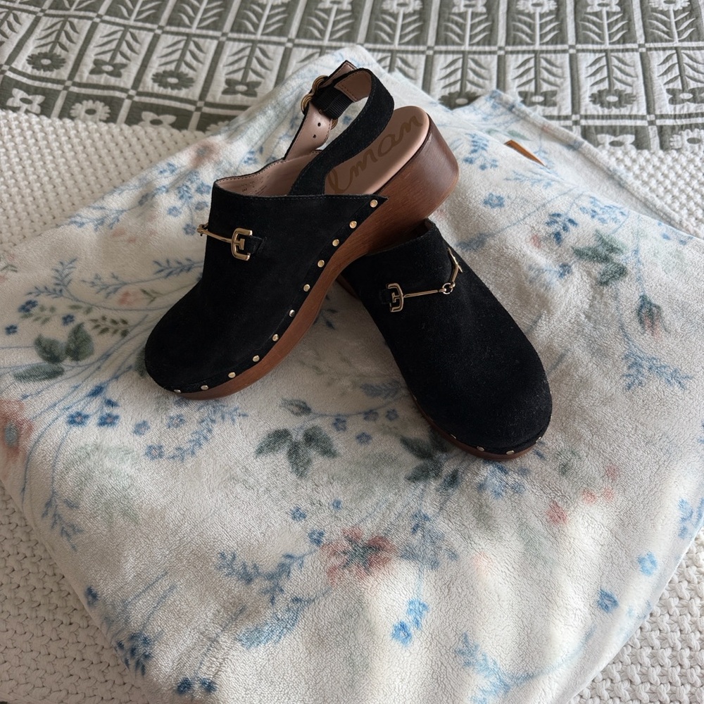 Black Suede Clog Mules with Gold Accent